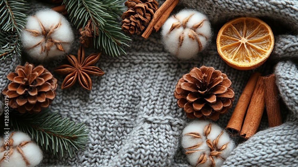 Fototapeta premium Cozy textures knitted plaid, cotton branch, cinnamon sticks, pine cone, and anise on grey.