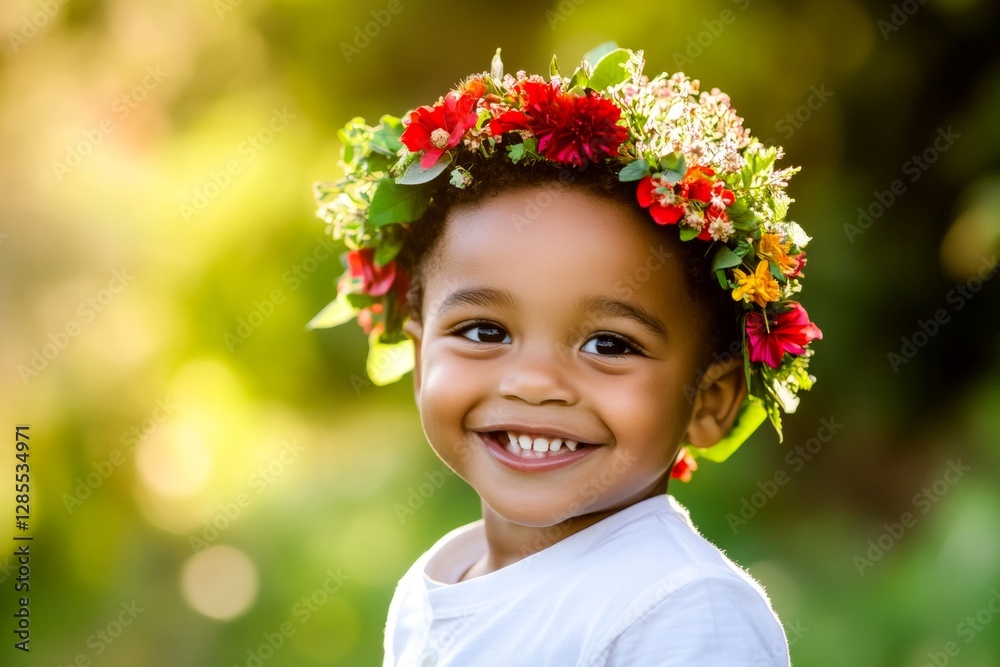 Smiling black toddler boy with tt hair wearing red flower circlet on his head. Morning glow. Happy summertime holidays conceptual art. Flower-themed happiness for boys. Child with floral crown. Smiling black toddler boy with tt hair wearing red flower circlet on his head. Morning glow. Happy summertime holidays conceptual art. Flower-themed happiness for boys. Child with floral crown.