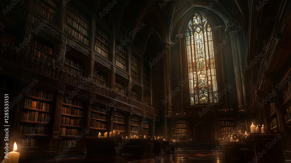 A massive, gothic-style library filled with towering bookshelves, intricate wooden carvings, and a large stained-glass window casting colorful light onto the dark interior A massive, gothic-style library filled with towering bookshelves, intricate wooden carvings, and a large stained-glass window casting colorful light onto the dark interior
