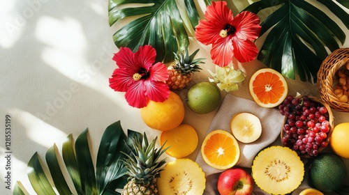 Vibrant Tropical Fruit Still Life with Hibiscus Flowers