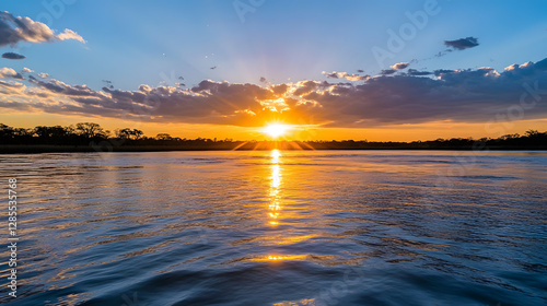 Breathtaking Sunset Reflecting Over Calm River with Dramatic Sky and Clouds : Generative AI
