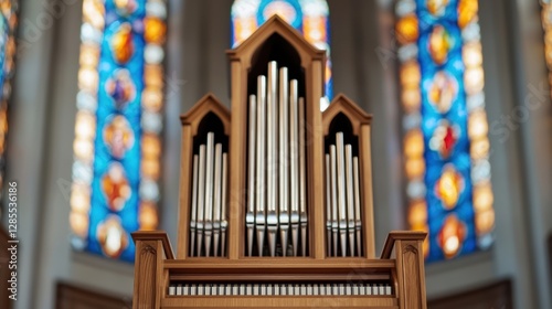 Church interior with stained glass windows Concept, Grand Church Organ Surrounded by Radiant Stained Glass Windows in Serene Religious Atmosphere