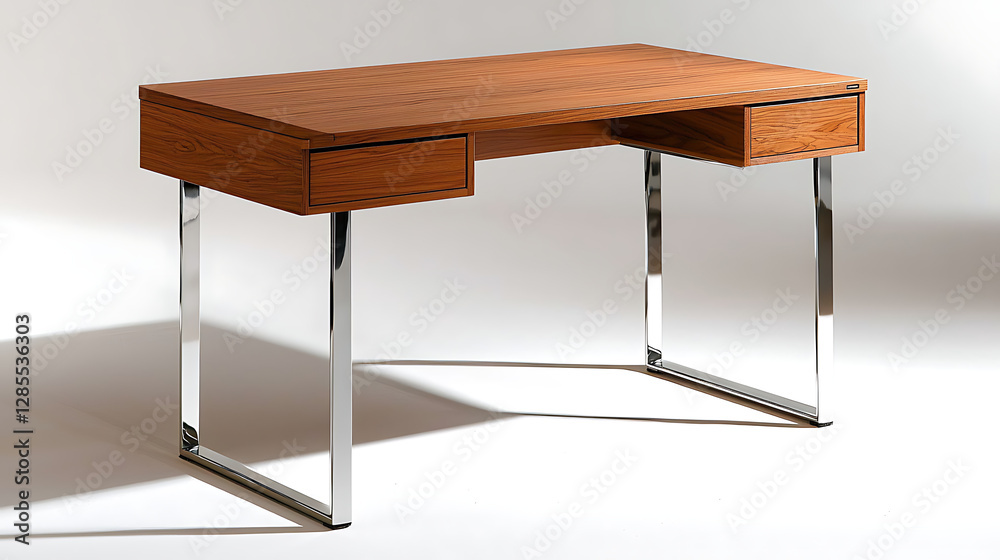 A wooden desk with a silver frame and a black drawer. generated using AI A wooden desk with a silver frame and a black drawer. generated using AI