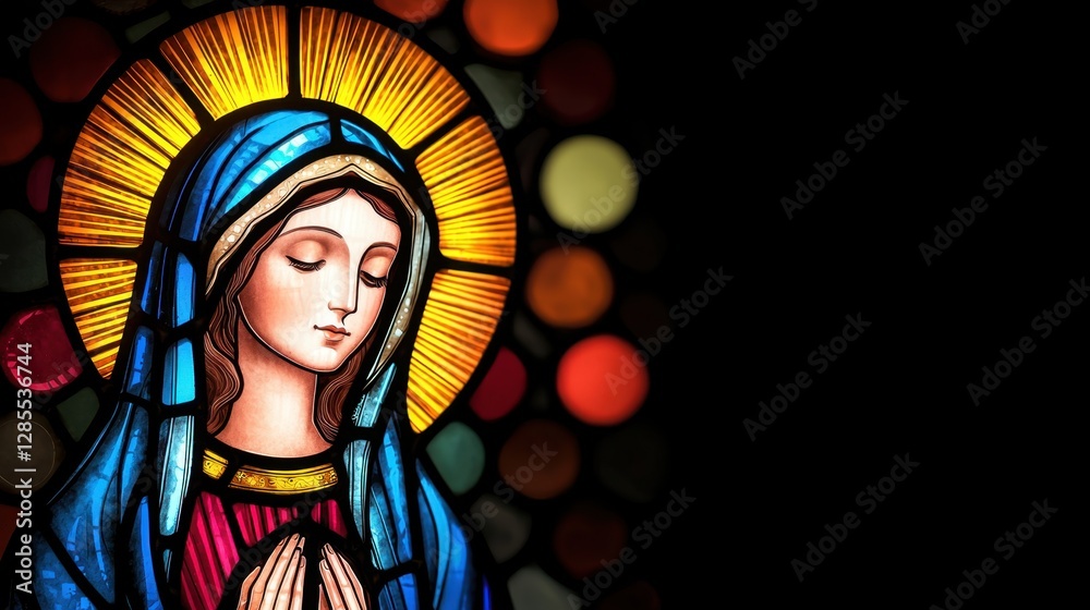 Obraz premium Church interior with stained glass windows Concept, Stained Glass Window Depicting the Annunciation with Angel and Virgin Mary in Vibrant Colors and Light