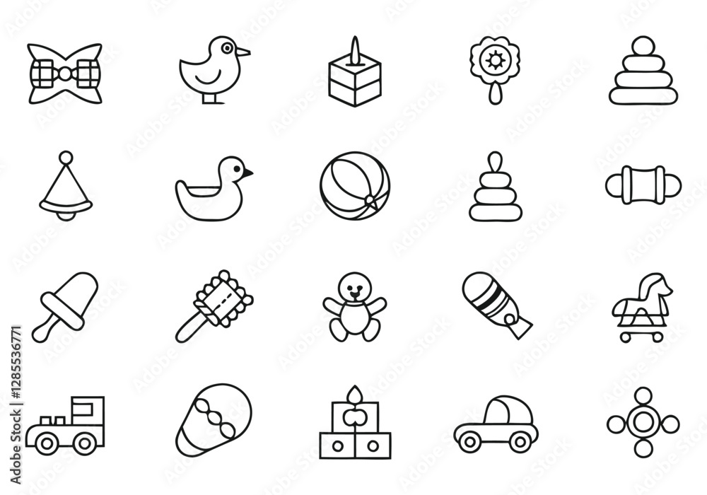 Fototapeta premium Baby Toddler Toys Features Outline Icon Set - Teething Relief, Fine Motor Skills, Hand-Eye Coordination - Editable Stroke Vector Illustration