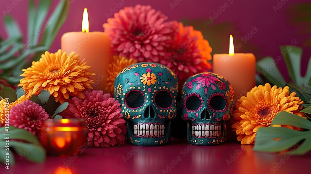 Day of the Dead arrangement with sugar skulls, flowers, and candles on a purple background. Day of the Dead arrangement with sugar skulls, flowers, and candles on a purple background.