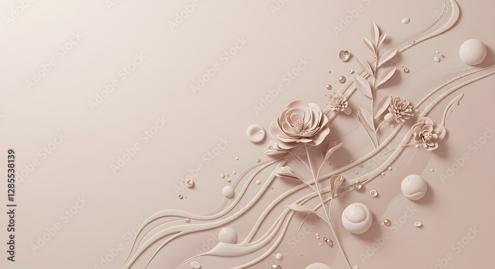 Delicate Pastel Flowers and Abstract Liquid Shapes on a Soft Beige Background Delicate Pastel Flowers and Abstract Liquid Shapes on a Soft Beige Background