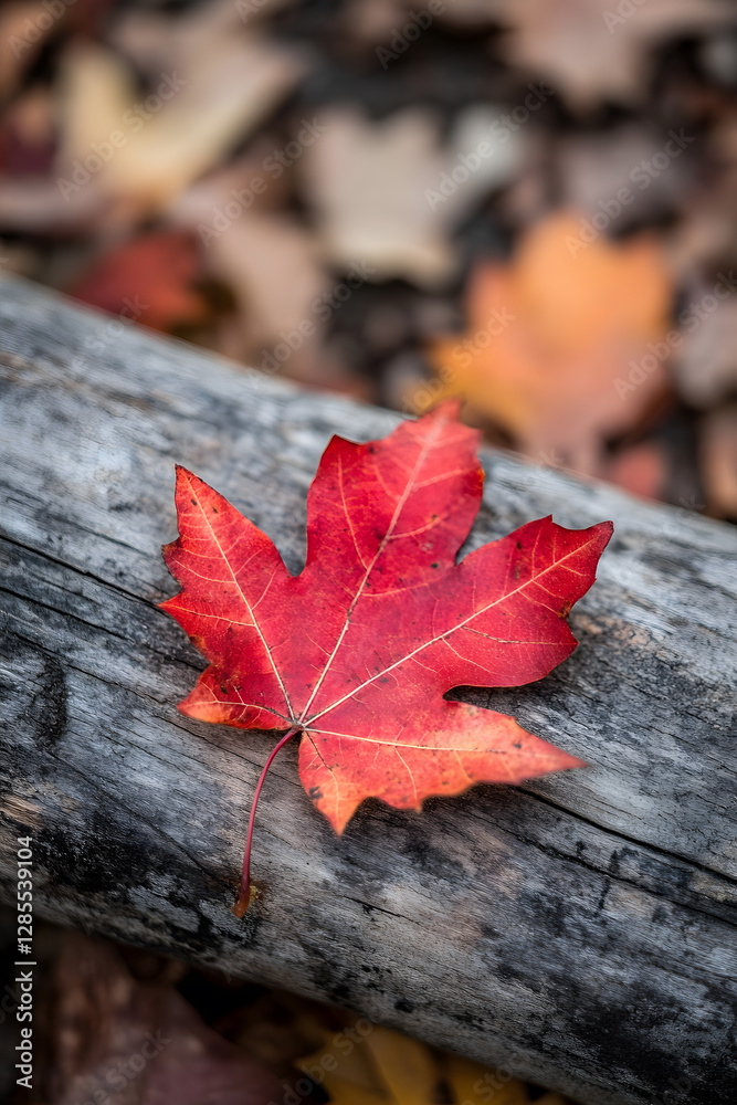 Vibrant Autumn Maple Leaf on Rustic Wooden Log in Natural Setting : Generative AI
