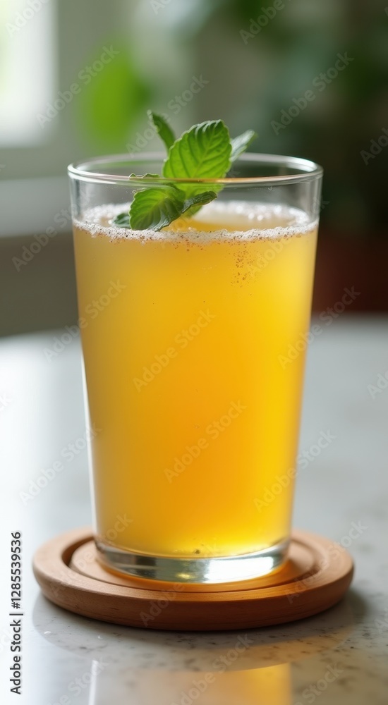 Glass of orange juice with a mint leaf on top