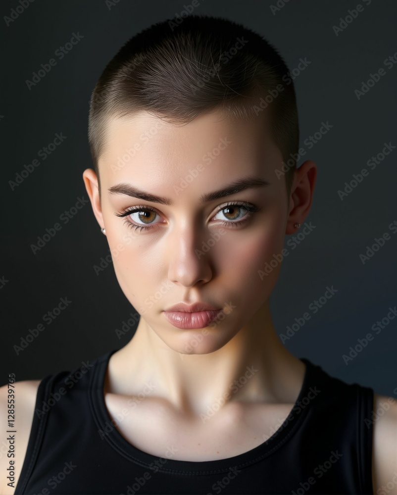 A close-up portrait of a young person with a shaved head, displaying a serious expression and natural beauty, set against a dark background. A close-up portrait of a young person with a shaved head, displaying a serious expression and natural beauty, set against a dark background.