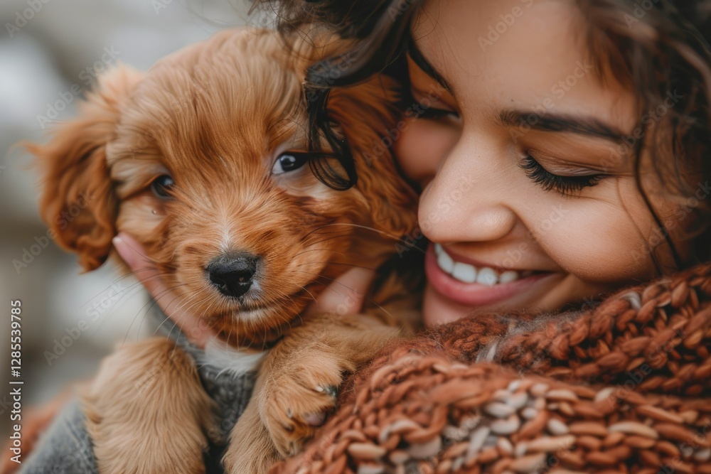 Sharp Picture of Woman Smiles at Small Brown Puppy in Her Arms Sharp Picture of Woman Smiles at Small Brown Puppy in Her Arms