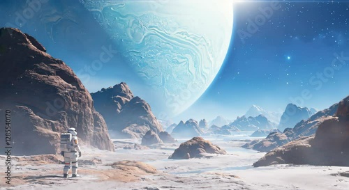High-Tech Astronaut on an Extraterrestrial World with Liquid Light, looping 4k time-lapse virtual video animation Generated AI.