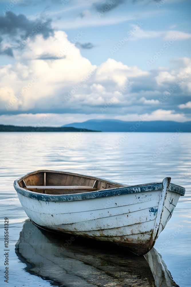 Naklejka premium Rustic Wooden Rowboat on Serene Lake with Dramatic Clouded Sky : Generative AI