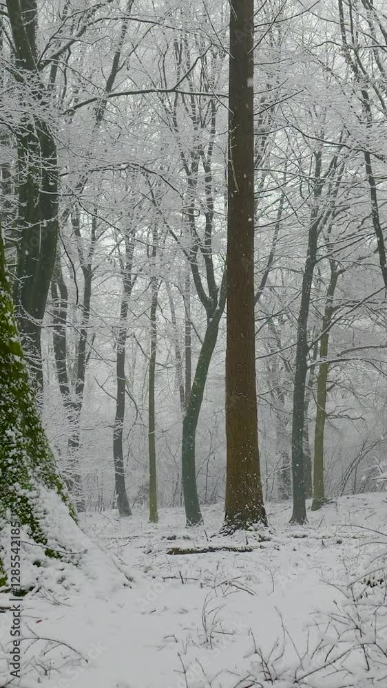 Snowflakes are gently falling on the trees in a winter forest Snowflakes are gently falling on the trees in a winter forest