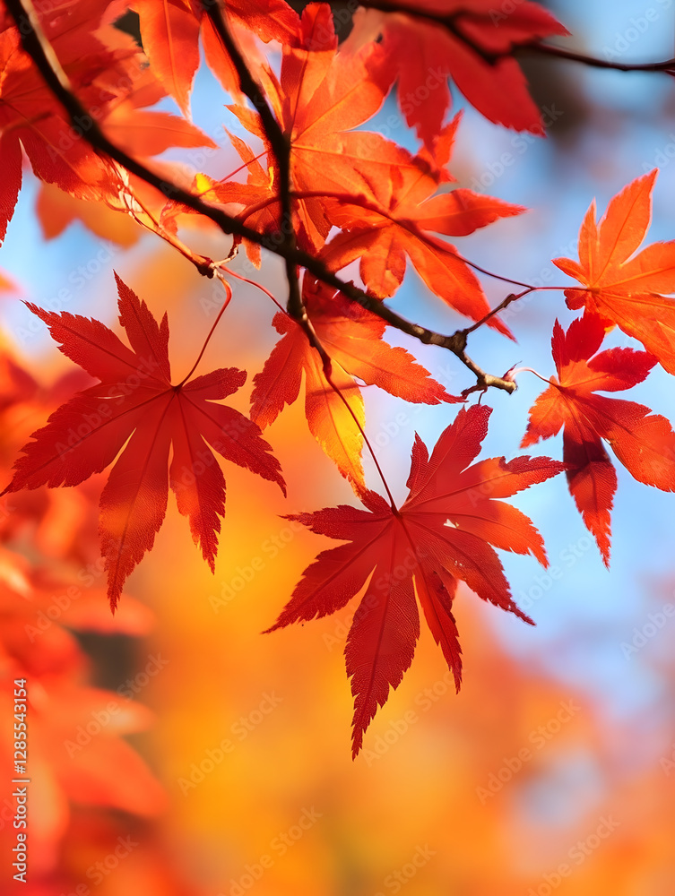 Vibrant Red Maple Leaves in Autumn against Clear Blue Sky : Generative AI Vibrant Red Maple Leaves in Autumn against Clear Blue Sky : Generative AI