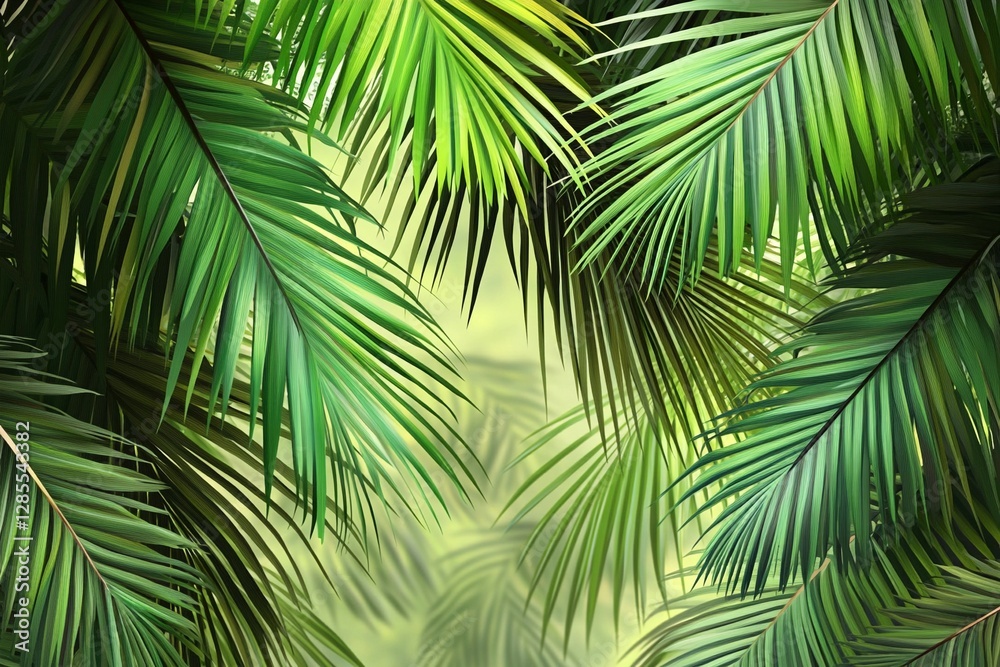 Fototapeta premium Lush Palm Leaves Create a Vibrant Tropical Backdrop for Relaxation and Escape. Generative AI