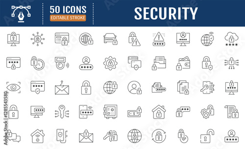 Security line editable icon set. Containing safety, insurance, data protection, password, locked, encryption, cybersecurity and more.Vector Illustration