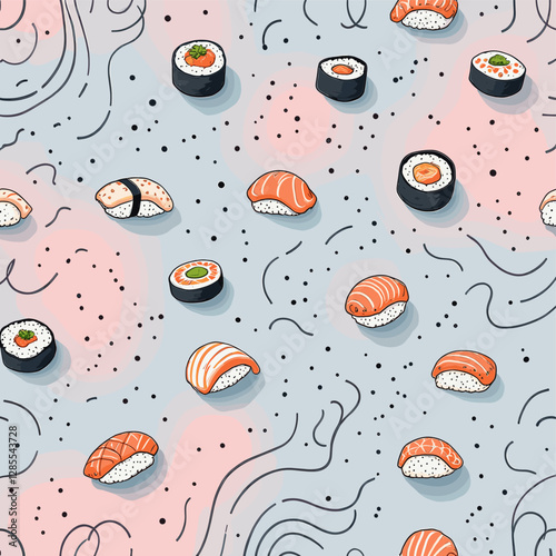 a variety of sushi rolls and sashimi arranged in a grid-like fashion against a light blue background with black lines and dots.