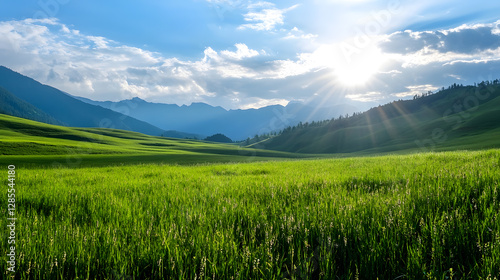 Lush Green Fields with Sunburst and Mountain Views under Blue Sky : Generative AI