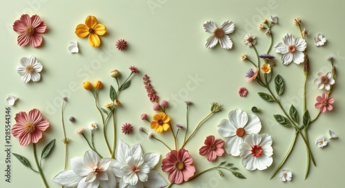 Delicate floral arrangement of pastel-colored flowers on a light green backdrop, creating a spring aesthetic.