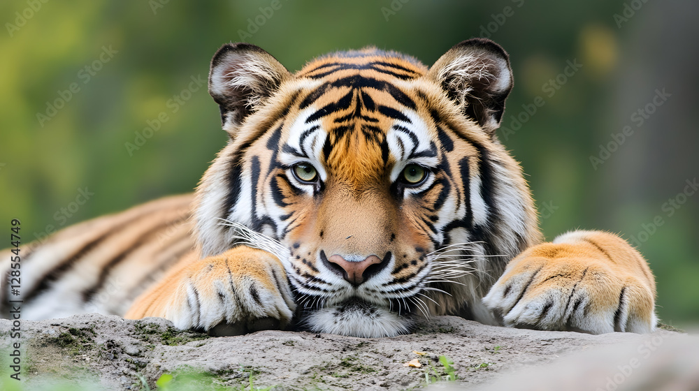 Majestic Bengal Tiger Resting on Rock in Vibrant Forest Setting Wildlife Photography : Generative AI Majestic Bengal Tiger Resting on Rock in Vibrant Forest Setting Wildlife Photography : Generative AI