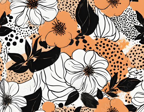 Botanical background of abstract flowers and leopard skin spots.  black outlines, white, orange, muted and natural shades background