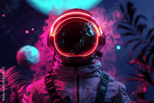 A stylized cyberpunk interpretation of Yuri Gagarin’s first spacewalk. The illustration features a glowing neon-outlined cosmonaut