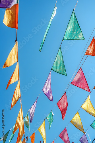Vibrant geometric bunting flags waving in the blue summer sky for festive occasions : Generative AI