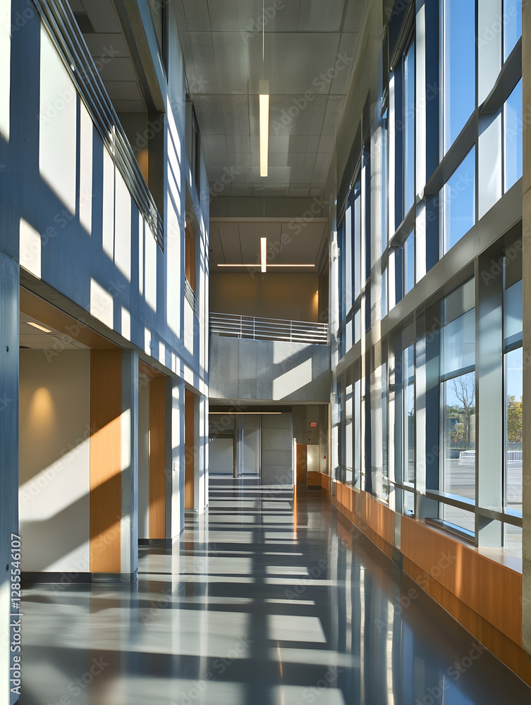 Obraz premium Modern architectural corridor with glass walls and sunlight : Generative AI