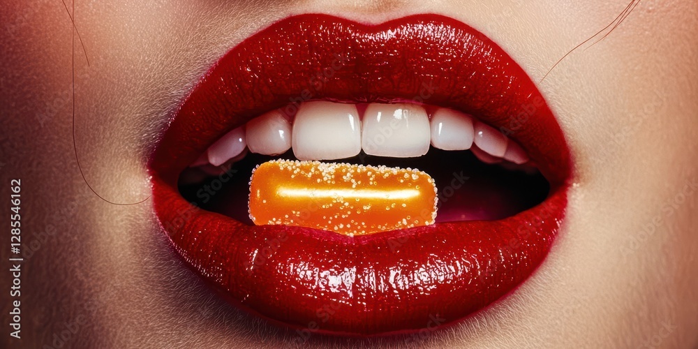 Obraz premium Woman with a red lip is holding a yellow pill in her mouth