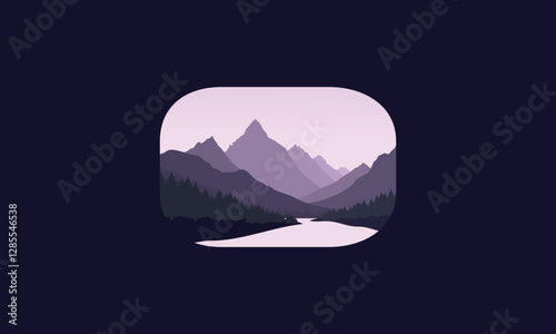 Landscape badge flat vector design illustration of mountains, calm river and silhouettes of pine trees, soft purple gradations layered