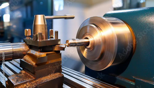 Precision metal part spinning on a high-tech lathe in an industrial workshop  
