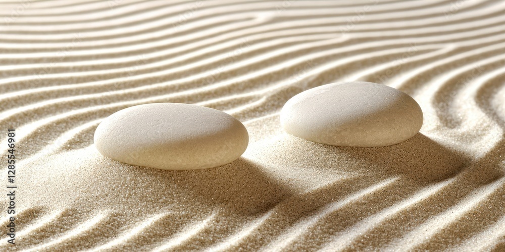 Two white rocks are on a sandy beach Two white rocks are on a sandy beach