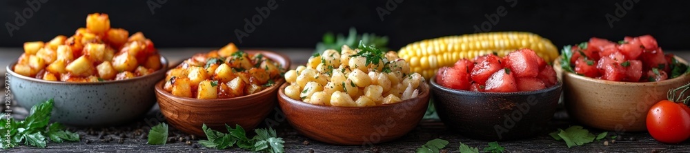 A variety of salads and fresh fruits for a healthy meal with potatoes and corn. Generative AI A variety of salads and fresh fruits for a healthy meal with potatoes and corn. Generative AI