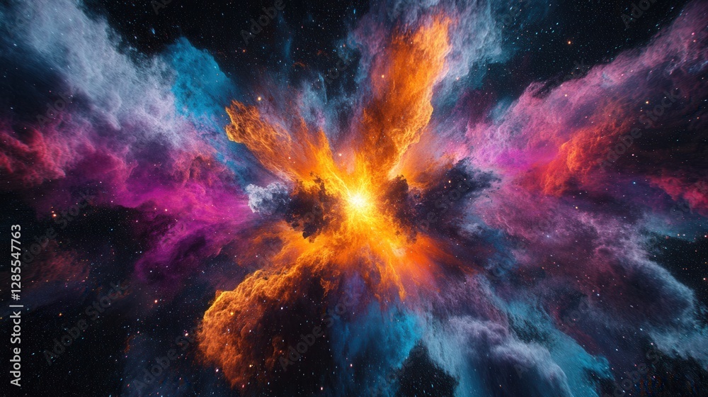 Naklejka premium Explosive Colorful Nebula in Outer Space with Vibrant Stellar Cloud Highlights and Stars