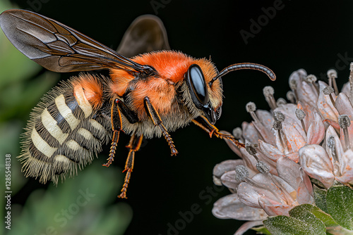 Vibrant Red and Black Bee in Flight, Approaching Flower