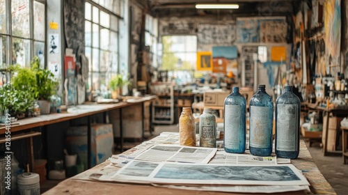 Wallpaper Mural Creative Art Studio with Painted Bottles and Paint Supplies on Table. Generative AI Torontodigital.ca
