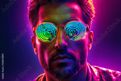 Vibrant portrait of a man wearing colorful sunglasses in a neon-lit environment with an artistic flair. Generative AI