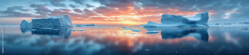 Stunning Arctic Landscape with Icebergs at Sunset Reflection. Generative AI Stunning Arctic Landscape with Icebergs at Sunset Reflection. Generative AI