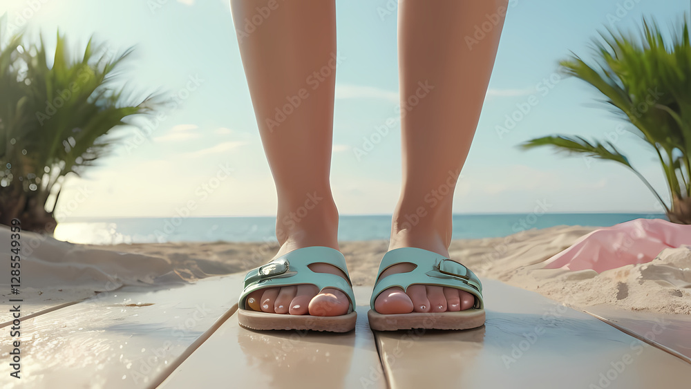 Sand beneath the feet while enjoying a peaceful beach moment in sunny weather by the ocean with palm trees. Generative AI