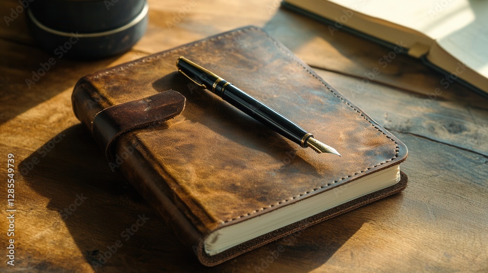 Vintage Leather Journal with Fountain Pen on Wooden Table and Soft Natural Light