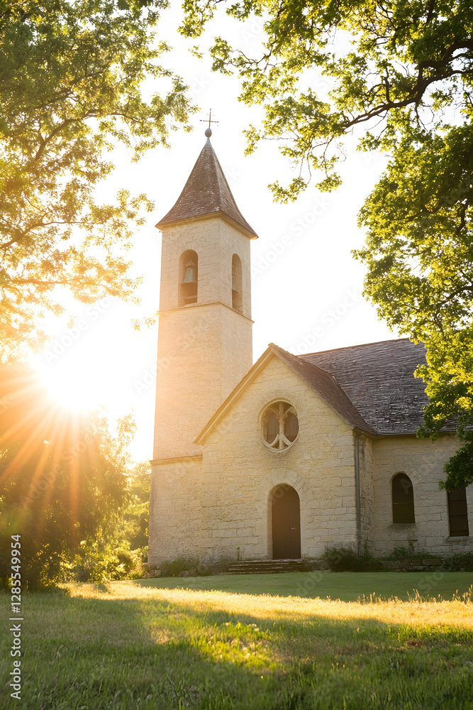 Naklejka premium Rural Stone Church With Steeple and Sunlight Streaming Through Trees Creating a Warm Summer Atmosphere : Generative AI