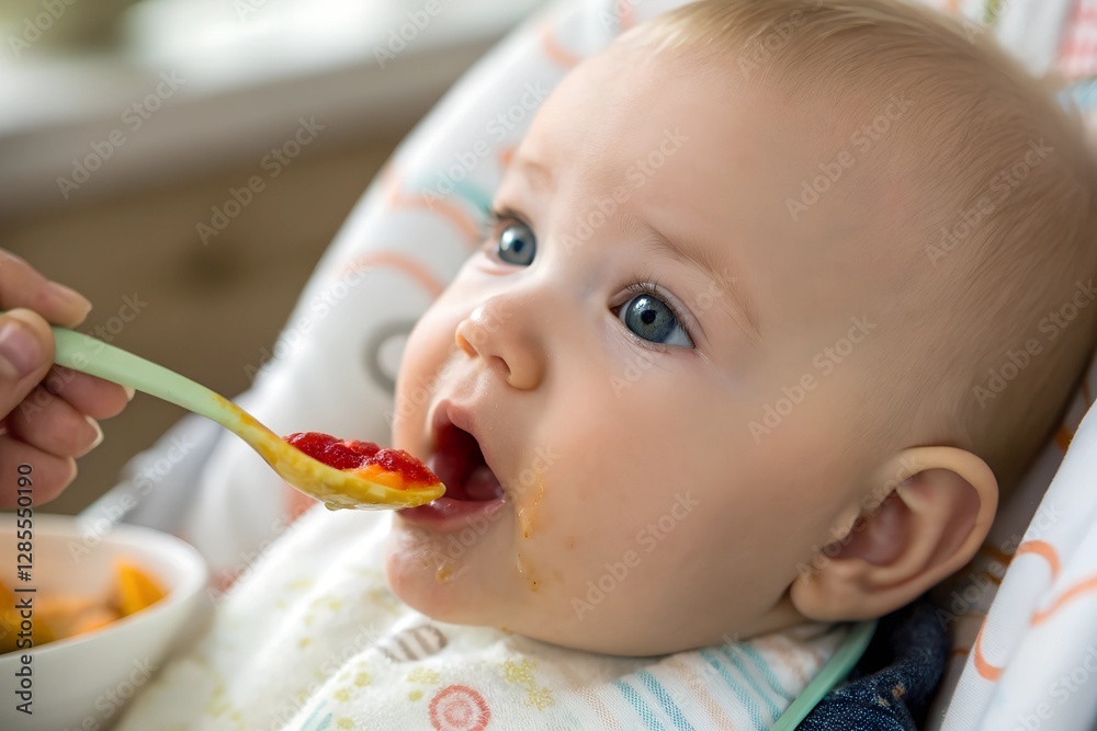 Minimalistic photo of a mother feeding her baby with a spoon, capturing an intimate close-up of the baby’s face, focused on the eyes and smile, with a soft, blurry background. Minimalistic photo of a mother feeding her baby with a spoon, capturing an intimate close-up of the baby’s face, focused on the eyes and smile, with a soft, blurry background.