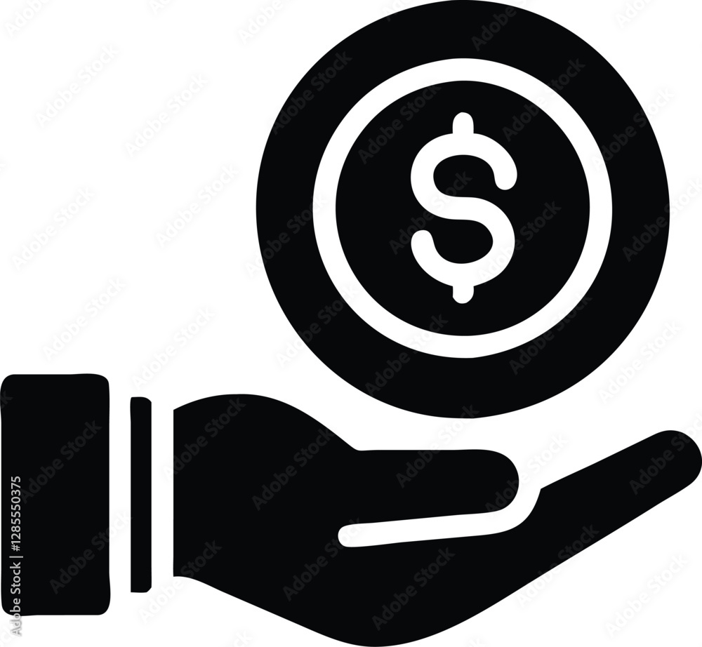 Hand gesture, open palm, dollar sign, currency symbol, circular icon, financial concept, money offering, black and white, minimalist design, graphic illustration, simple lines, wealth symbol, economic Hand gesture, open palm, dollar sign, currency symbol, circular icon, financial concept, money offering, black and white, minimalist design, graphic illustration, simple lines, wealth symbol, economic