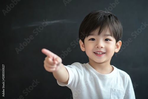 High Quality Visual of Asian Boy Pointing in Chalk Board Room