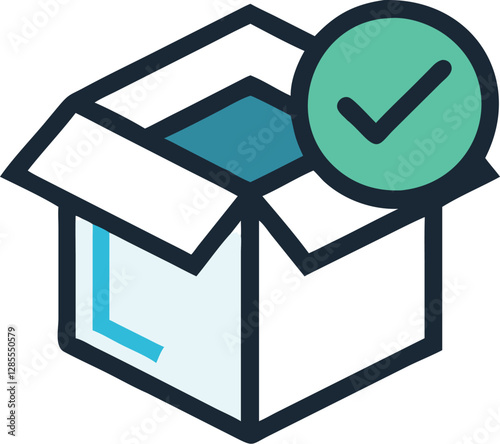 Vector of an open gift box with a check mark — clean design for order fulfillment, unboxing success, successful delivery, completed orders, rewards, task completion, and confirmation themes.