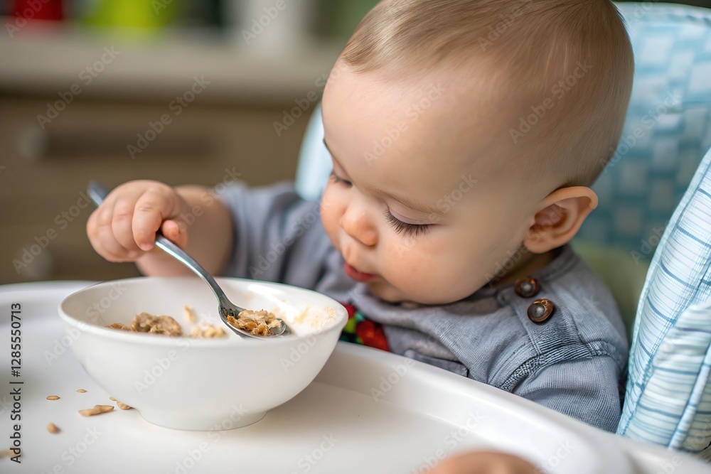 Minimalistic photo of a baby eating cereal from a bowl by themselves, sitting in a high chair, with a close-up shot of the baby’s hand reaching for the spoon, background blurred. Minimalistic photo of a baby eating cereal from a bowl by themselves, sitting in a high chair, with a close-up shot of the baby’s hand reaching for the spoon, background blurred.
