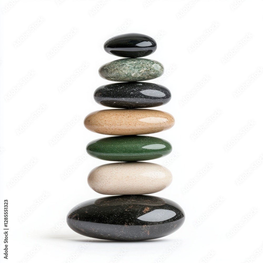 Seven Speckled Stones Balanced in a Stack Against a White Background Seven Speckled Stones Balanced in a Stack Against a White Background