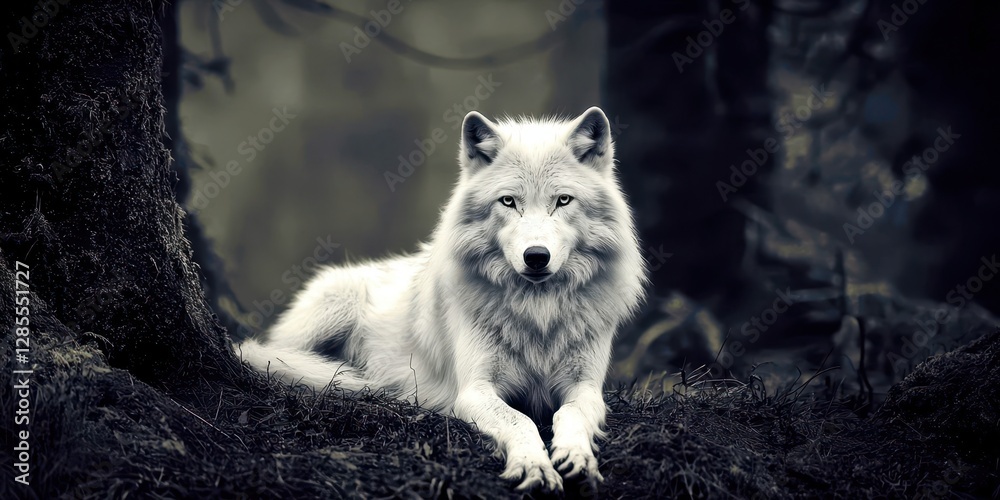 Naklejka premium White wolf is laying down in the grass