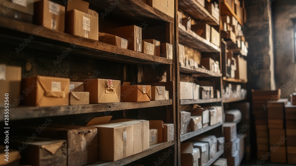 Organized wooden shelves filled with cardboard boxes in a rustic storage room
